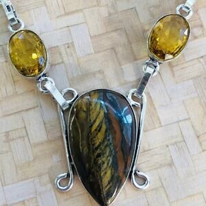 925 Sterling Iron Tiger Eye & Citrine Necklace  20"